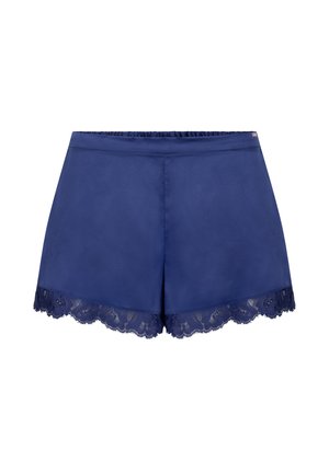 Marineblaue Shorts aus glattem Stoff, mit einem gewellten Spitzenbesatz am Saum, elastischem Bund und minimalistischem Design.