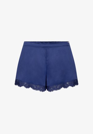 Navy blue shorts made of smooth fabric, featuring a scalloped lace trim at the hem, elastic waistband, and minimalistic design.