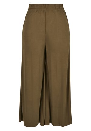 Olive green wide-leg pants with an elastic waistband, made of soft fabric; features a smooth texture and loose, flowing design.