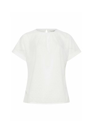 Valkoinen lyhythihainen pusero, jossa on pyöreä pääntie ja hienovarainen teksturoitu pilkkukuvio yksivärisellä pohjalla.