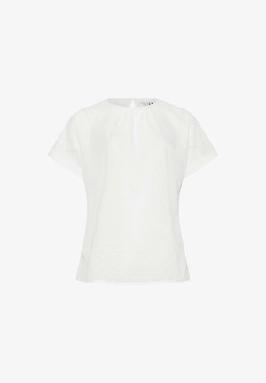 Witte blouse met korte mouwen, een ronde halslijn en een subtiel reliëf met stippenpatroon op een effen achtergrond.
