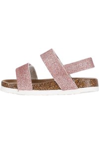 Sandal in slide con glitter rosa, dotata di due cinghie incrociate, suola in sughero e suola in gomma bianca, ideale per un look casual.