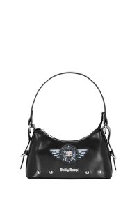 Bolso de cuero negro con cierre de cremallera, que presenta un gráfico circular de Betty Boop y acentos de alas. Estrellas plateadas adornan la base.