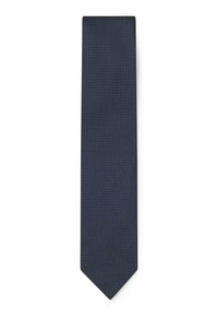 Cravatta blu navy con motivo geometrico texturizzato, design stretto, punta appuntita, realizzata in tessuto con finitura liscia.
