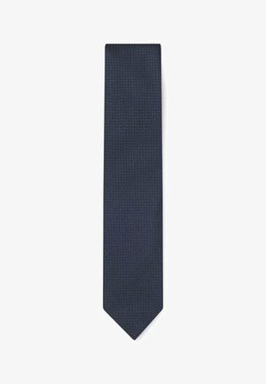 Navy blue tie with textured geometric pattern, narrow design, pointed tip, made of fabric with a smooth finish.