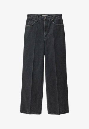 Wide-leg black denim jeans with a high waist, front pockets, and a button closure. Fabric has a smooth finish with minimal distressing.