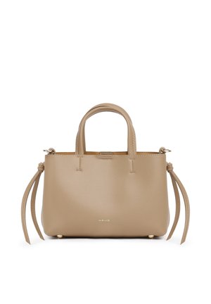 Borsa in pelle beige con due manici corti, nappine laterali, piedi dorati e piccolo logo "MIRIADE" al centro davanti.