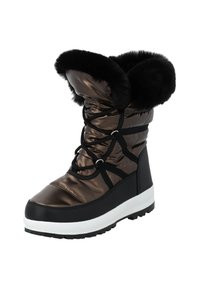 Botas de invierno de nailon marrón impermeables con ribete de piel sintética, acentos negros, suela de goma y cordones ajustables. Diseñadas para condiciones de frío.