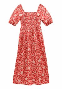 Rotes Blumen-Maxikleid mit Puffärmeln, gerafftem Oberteil und weißem Muster mit Blättern und Blumen, aus leichtem Stoff gefertigt.