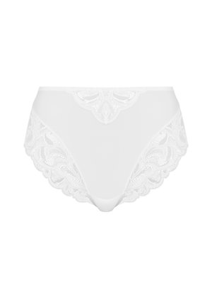 Weiße Unterwäsche mit hohem Bund, die seitlich Spitzeneinsätze mit floralen Mustern und gezackte Ränder aufweist. Glattes Frontpaneel-Design.