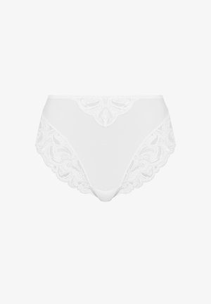White high-waisted underwear featuring lace panels with floral patterns along the sides and scalloped edges. Smooth front panel design.
