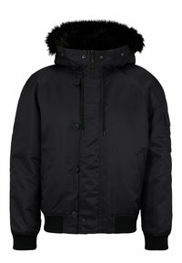Chaqueta acolchada negra con capucha desmontable con borde de piel, botones en la parte delantera y dos bolsillos laterales. Presenta puños y dobladillo elásticos para un ajuste ceñido.