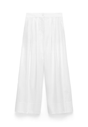 Witte cropped broek met wijde pijpen, voorkant met plooien, een hoge tailleband, knoopsluiting en een ontspannen pasvorm.