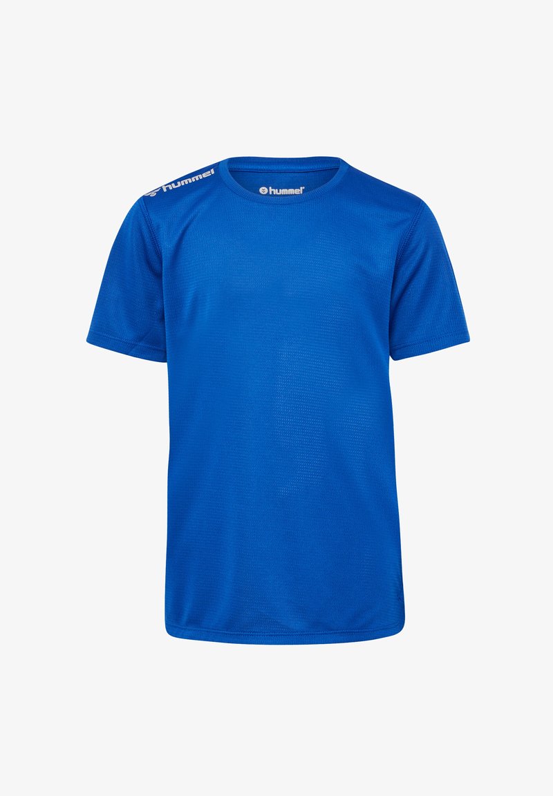 Blauw sportshirt met korte mouwen, gemaakt van gestructureerde mesh stof. Heeft een logo op de schouder, een ronde halslijn en een standaard pasvorm.
