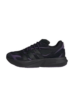 Black and purple athletic shoe with a mesh upper, layered design, and a thick, textured sole. Features black stripes and “LIGHTSTRIKE” branding.