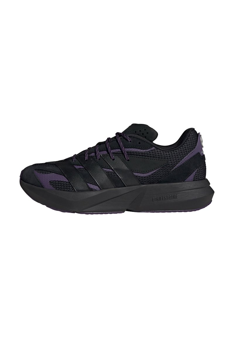 Black and purple athletic shoe with a mesh upper, layered design, and a thick, textured sole. Features black stripes and “LIGHTSTRIKE” branding.