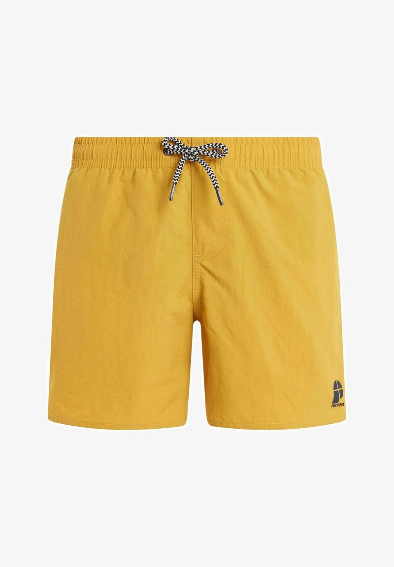 Žlté plavky so elastickým pásom, čiernym a bielym sťahovacím šnúrkovým uzáverom a malým logom v pravom dolnom rohu. Ľahký materiál, jednofarebné.