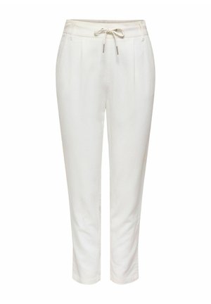 Pantalon décontracté blanc à coupe fuselée, avec taille à cordon et poches latérales, offrant une coupe décontractée et une longueur jusqu'aux chevilles.