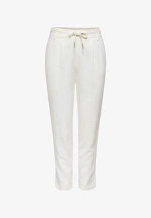 Pantaloni casual albi, evazați, cu talie ajustabilă prin șnur și buzunare laterale, având un croi lejer și lungime până la gleznă.