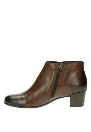 Brown leather ankle boot with a rounded toe and block heel. Features a side zipper for closure and a smooth, shiny texture.