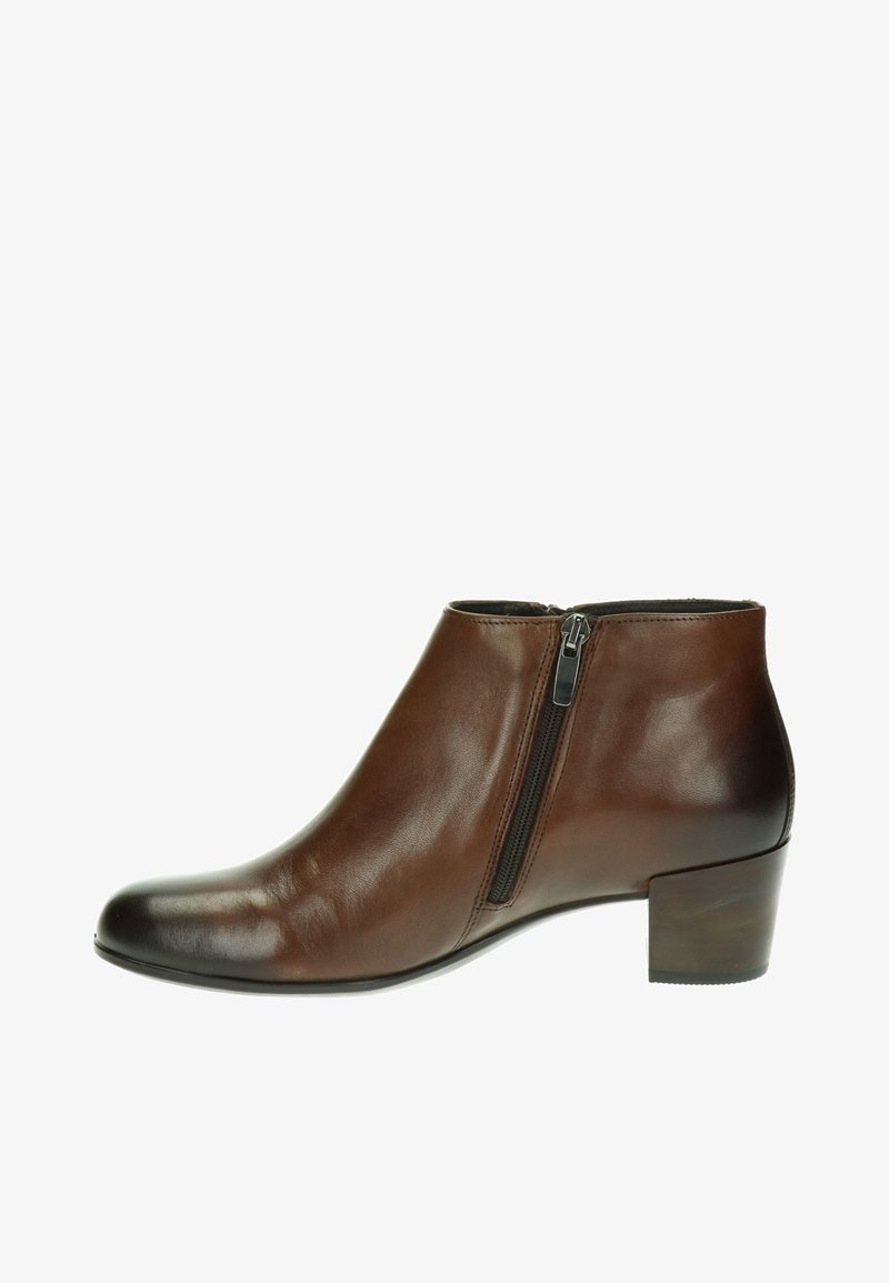Brown leather ankle boot with a rounded toe and block heel. Features a side zipper for closure and a smooth, shiny texture.