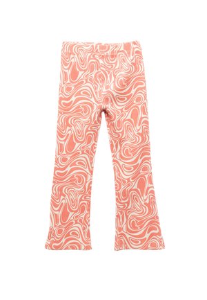 Leggings acampanados en un patrón de remolino en color coral y crema, fabricados con un tejido elástico, con una cinturilla sólida y una textura sutil.