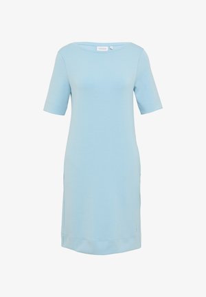 Jasnoniebieska bawełniana sukienka z okrągłym dekoltem, krótkimi rękawami i bocznymi kieszeniami. Gładka tekstura, do kolan, o luźnym kroju.