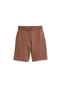 Bruine shorts met een gladde textuur, een brede tailleband, steekzakken aan de voorkant en verticale stiksels. Gemaakt met een getailleerd ontwerp en een knoopsluiting.