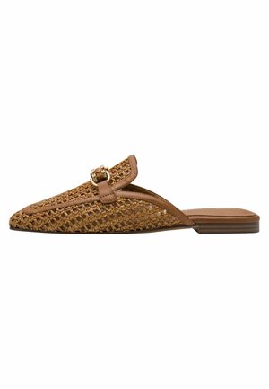 Brown woven mules with a pointed toe, a leather strap, and a decorative gold-colored buckle. Flat outsole with a smooth finish.