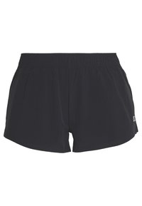 Shorts de sport noirs avec une taille élastique, tissu lisse, poches latérales et un petit logo sur la jambe inférieure droite.