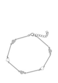 Srebrna bransoletka z naprzemiennymi, sercowymi ogniwami, z niektórymi zdobionymi przezroczystymi cyrkoniami, zakończona zapięciem i przedłużanym łańcuszkiem.