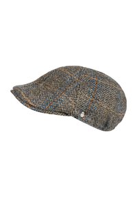 Tweed cap in brown and gray with blue accents; features a rounded shape, stitched brim, and a metallic logo detail on the side.