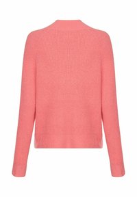 Rosa Strickpullover mit langen Ärmeln, einem runden Ausschnitt und geripptem Material. Die Rückseite hat ein einfaches Design ohne zusätzliche Details.