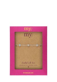 Bracciale in argento con tre charm a forma di fiore, confezionato in rosa e marrone, etichettato "Creato con amore, acciaio inossidabile di alta qualità."