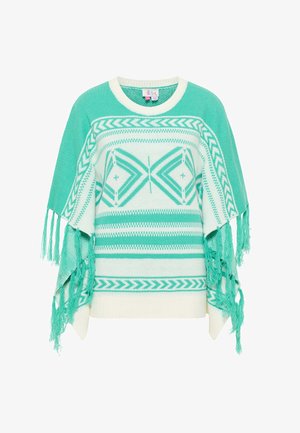 Svijetlozeleni pleteni pulover s geometrijskim uzorkom, bijelim naglascima i resicama na rukavima. Ima okrugli izrez i široki kroj.