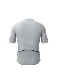 Short-sleeve athletic shirt in light gray, featuring textured accents, ergonomic seams, and a zippered back pocket for storage.