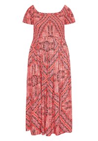 Röd mönstrad maxiklänning med korta ärmar, föreställande blommiga och geometriska mönster, med slätt tyg och en öppen halsringning.