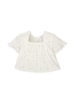 Blusa blanca de manga corta con escote cuadrado, con rayas verticales y bordados pequeños de flores rosas. Bordes de las mangas con volantes.