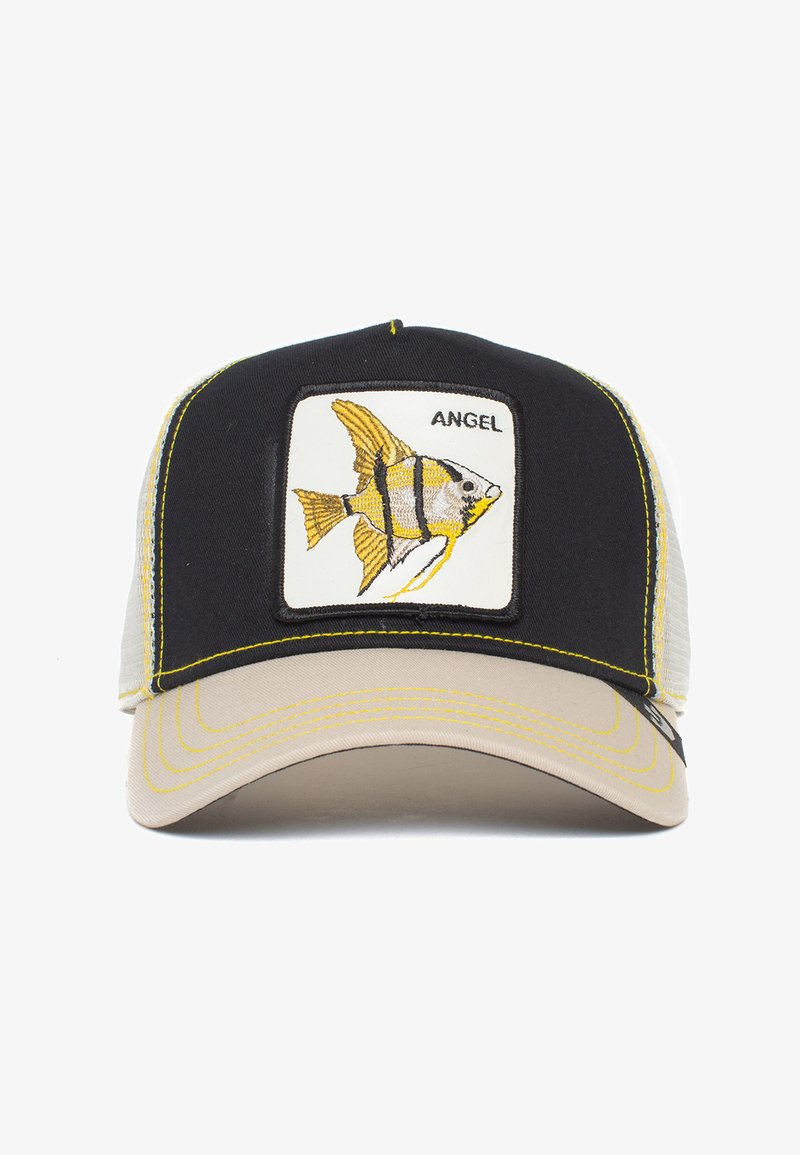 Gorra negra y beige con parte trasera de malla, que presenta un diseño bordado de pez ángel en amarillo y negro sobre un parche blanco. Costuras amarillas como acento.