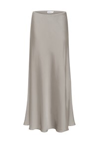 Satin midi nederdel i lys grå. Har en glat tekstur med en udvidet silhuet og høj talje. Enkelt design, ingen synlige mønstre eller accenter.