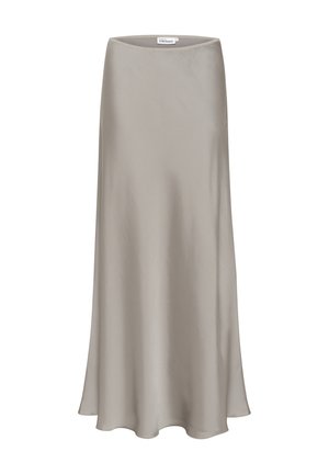 Satin-Midi-Rock in Hellgrau. Verfügt über eine glatte Textur mit ausgestellter Silhouette und hoher Taille. Schlichtes Design, keine sichtbaren Muster oder Akzente.