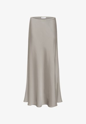 Satin midi skirt in light gray. Features a smooth texture with a flared silhouette and a high waist. Plain design, no visible patterns or accents.