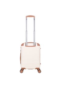 Hard-shell luggage in cream with horizontal ridges, brown accents, and retractable handle. Features four wheels for mobility.