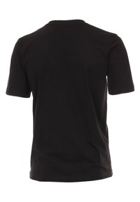 Czarna bawełniana koszulka z krótkim rękawem i okrągłym dekoltem. Materiał jest gładki, z minimalną ilością szwów, bez wzorów i akcentów.