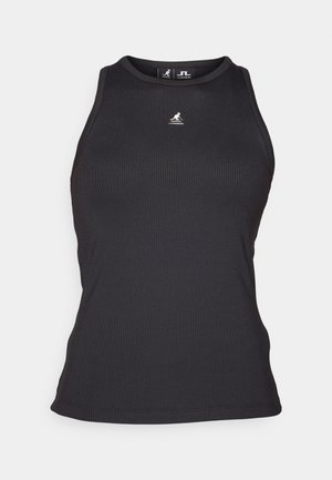 Black ribbed tank top with a high neckline and sleeveless design. Features a small logo on the chest and a fitted silhouette.