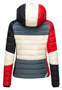 Prošívaná bunda s kapucí, zdobená vodorovnými pruhy v námořnické modři, červené, bílé a modré barvě. Texturovaná tkanina s hladkým povrchem a zipovým zapínáním.