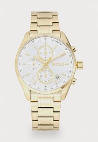 Orologio in acciaio inossidabile dorato con quadrante bianco, subquadranti cronografici e display della data. Caratterizzato da un bracciale a maglie lucide e scala tachimetrica.
