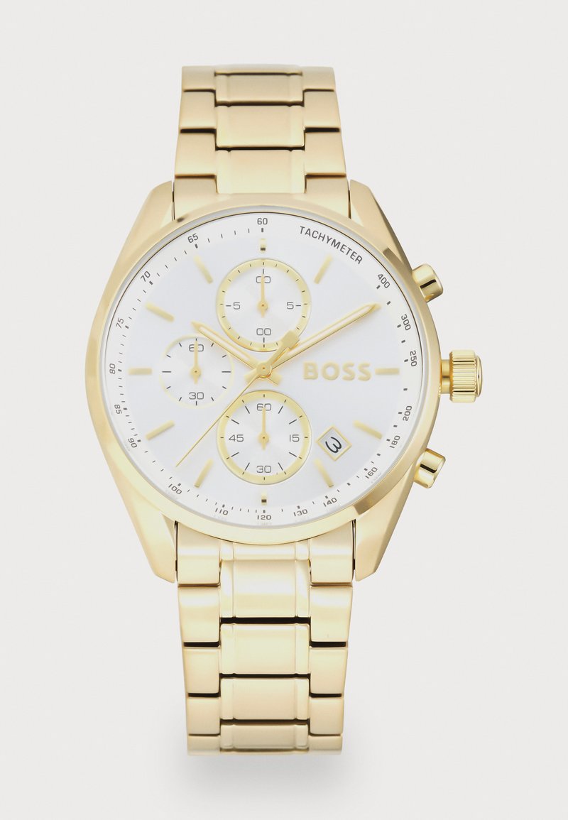 Goldene Edelstahl-Uhr mit weißem Zifferblatt, Chronographen-Unterzifferblättern und Datumsanzeige. Verfügt über ein glattes Gliederarmband und eine Tachymeterskala.