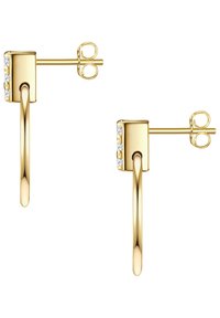 Zelta krāsas auskari ar taisnstūra stieni un gludu, iegarenu piekari. Stienī ir trīs nelieli caurspīdīgi kristāli.