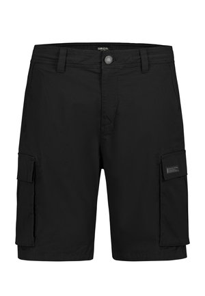 Schwarze, knielange Cargo-Shorts mit Frontknopf, Gürtelschlaufen, seitlichen Klappentaschen und einem kleinen Etikett an der rechten Tasche.